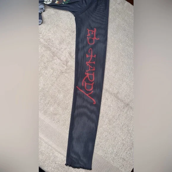 Ed Hardy Black Sheer Long Sleeve Tattoo-Print Crop Top - Picture 6 of 11